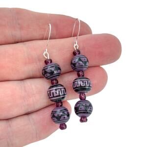 Estate Sterling Silver 925 Purple Geometric Wood & Glass Beaded Earrings